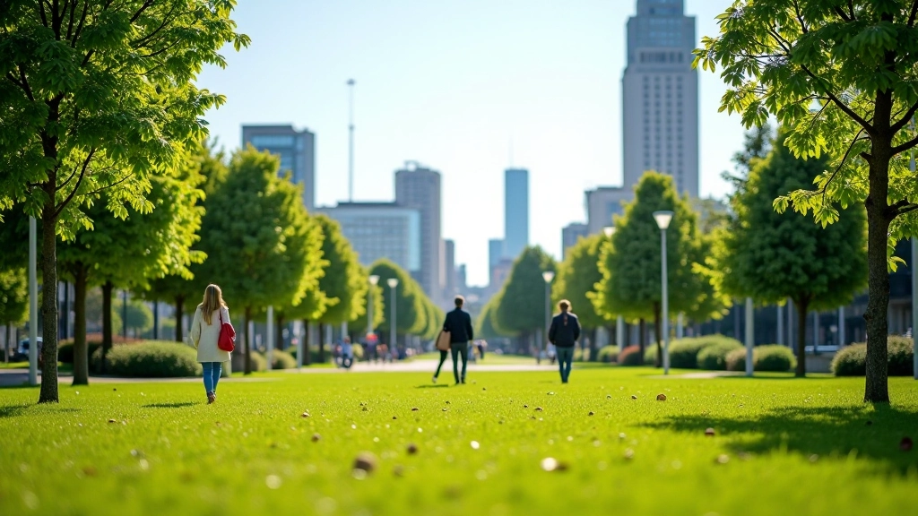 Jaunais, skaistais parks pilsētas centrā ar zālieni, kokiem un skrejošiem cilvēkiem saulainā dienā, kas pierāda sekmīgu iedzīvotāju projektu