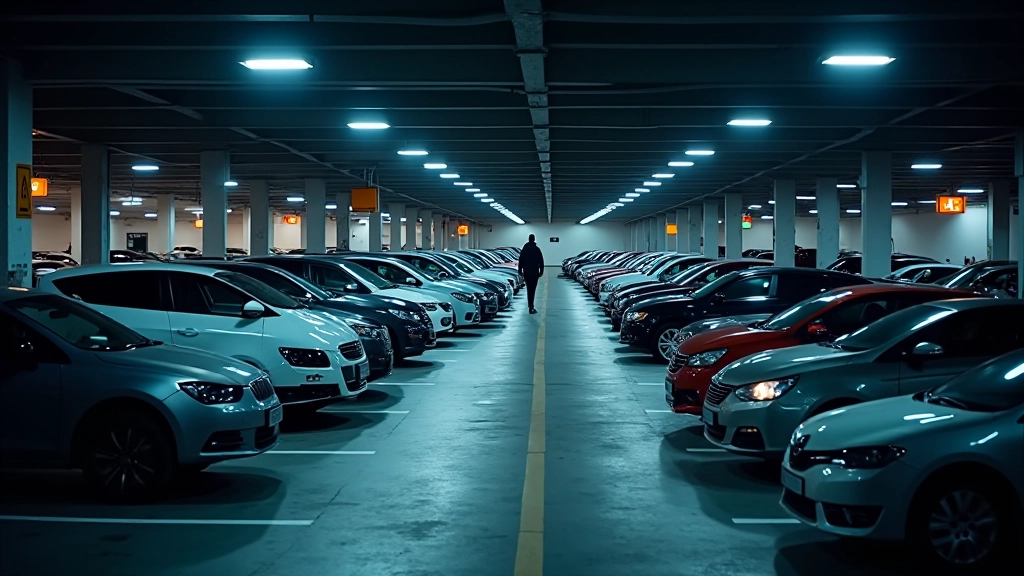 Pilsētas autostāvvietas ar sensoriem un apgaismojumu, daudz automašīnu stāvētas rindās